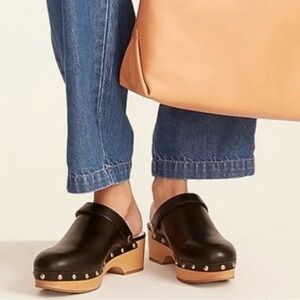 J. Crew Women's Black Leather Studded Convertible Real Wood Sole Clogs Size 8